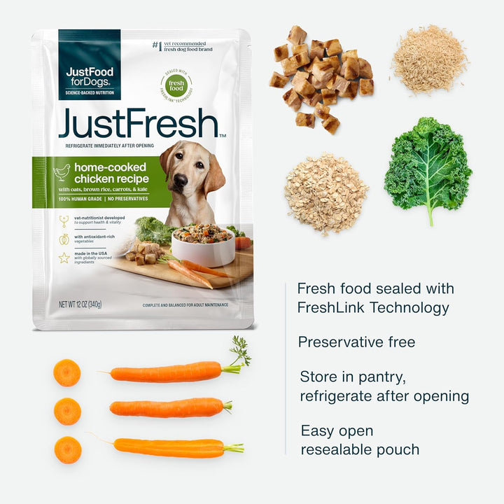 Justfresh Wet Dog Food, Fresh Pet Meals and Toppers with No Preservatives, Resealable Package, Human Grade, Home-Cooked Chicken, 12 Oz - 7 Pack