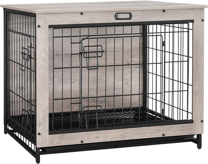 Dog Crate Furniture, 38.6" Large Dog Kennel Indoor, Wooden Cage with Pull-Out Tray, Double Doors Pet House Side End Table for Large/Medium/Small Dogs, Rustic Brown BF982GW03G1