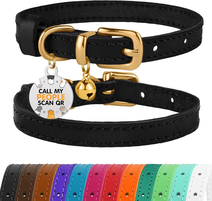 Leather Cat Collar with Removable Bells Non Breakaway Kitten QR Tag for Girl Boy (7" - 9" for Cats, Black & Gold)