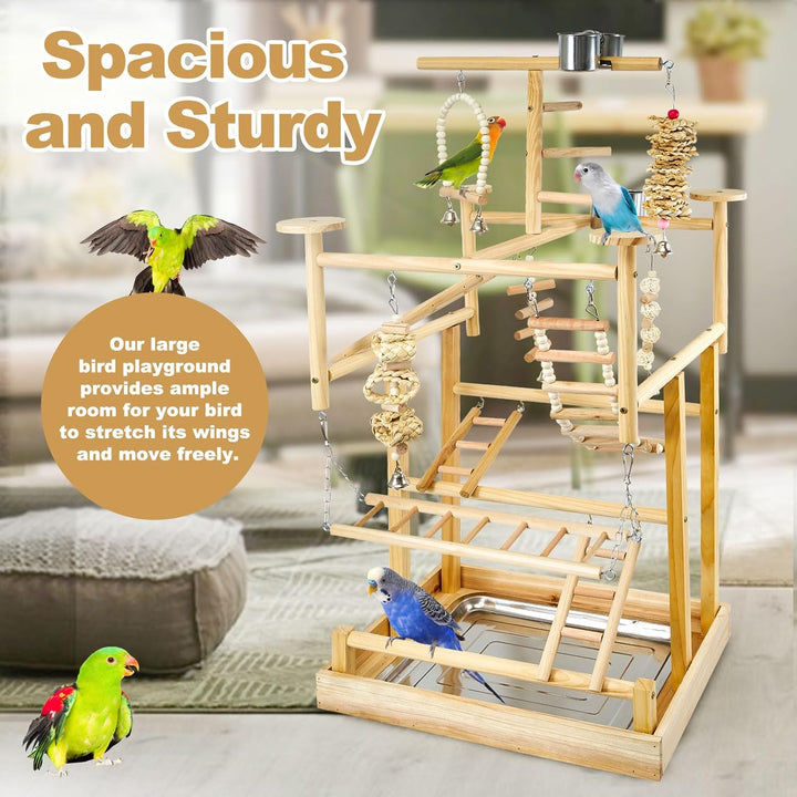Bird Playground - Natural Wood Parrot Playstand with Perches, Bird Play Gym & Accessories, Removable Tray & 4 Stainless Steel Cups