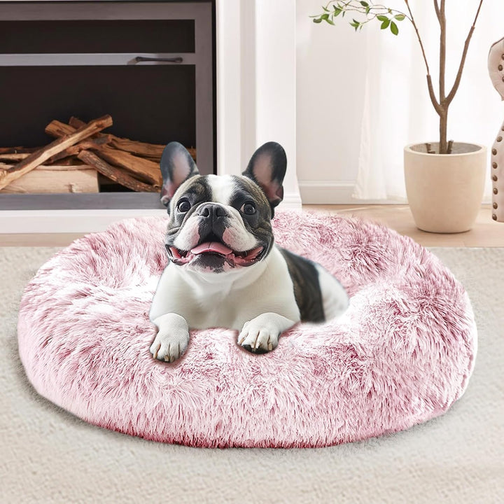 Small Dog & Cat Beds for Indoor Cats, Donut Cuddler Warming Soft Dog Beds with Anti-Slip Bottom, round Calming Fluffy Plush Faux Fur Cushion Bed for Small Medium Dogs (20", Smoke Grey)