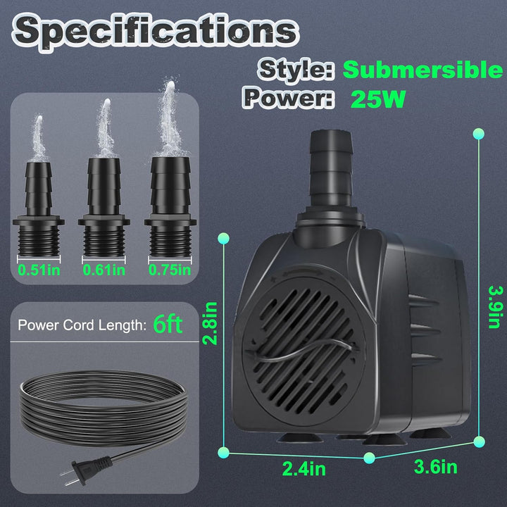 Submersible Pump 400GPH (1500L 25W) Ultra Quiet with over Heating Protection 6.5Ft High Lift for Fountains, Hydroponics, Ponds, Aquariums & More……