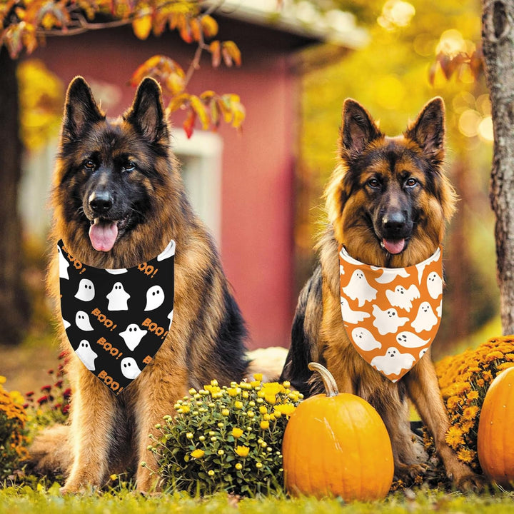 Halloween Dog Bandana Puppy Scarf - Ghosts Boo Dog Outfits - 2 Pcs Adjustable Holiday Party Triangle Reversible Dog Bandanas for Small Medium Large Dogs