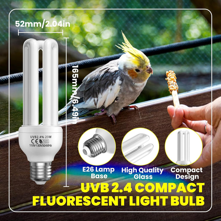 23W UVB Bulb for Bird, UVB 2.4 Compact Fluorescent Light Bulb E26 Birdcage Compact UVB 2.4 Lamp for Captive Birds and Reptiles