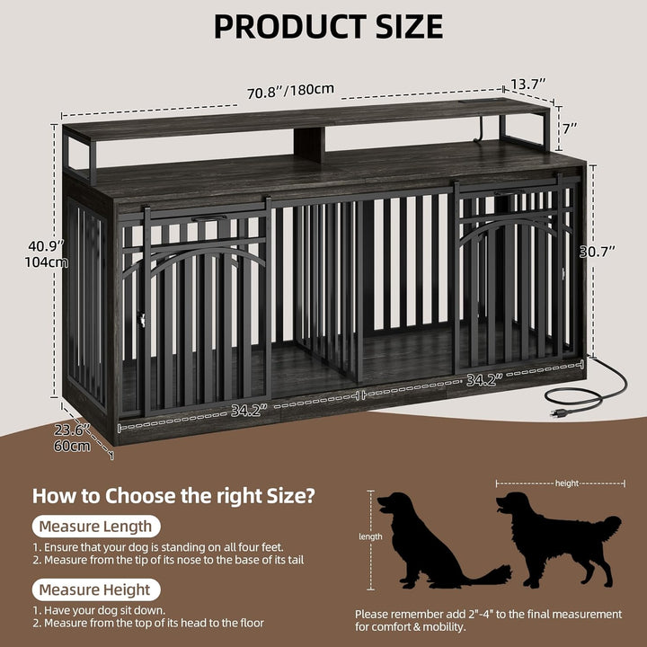 71" Double Dog Crate Furniture with LED Light & Power Outlets, Heavy Duty Dual Dog Kennel TV Stand W Storage Shelves Sliding Doors, Wooden Two Dog Cage Table 2 Medium Large Dogs, Black Oak