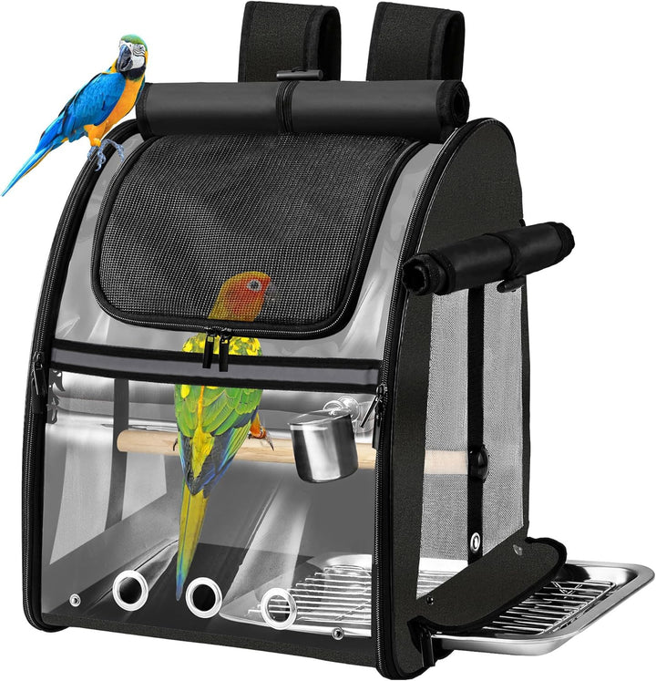 Bird Carrier Bag with Indestructible Stainless Steel Mesh, Bird Travel Cage with Stand, Easy to Clean Backpack for Parrot, Portable Bird Travel Bag, Pet Transparent Breathable Travel Cage