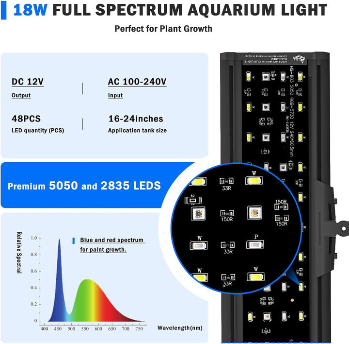 LED Aquarium Light, 24/7 Mode Clip on Fish Tank Light with Memory Function, DIY Mode Full Spectrum Aquarium Plant Light, Adjustable Timer/Brightness, IP68 Waterproof for 16-24 Inch Fish Tank 18W