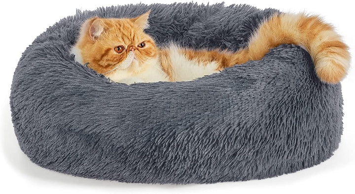 Calming Dog Bed Medium Size Dog - Donut Washable Medium Pet Bed, 30 Inches Anti-Slip round Fluffy Plush Faux Fur Cat Bed, Fits up to 45 Lbs Pets, Camel