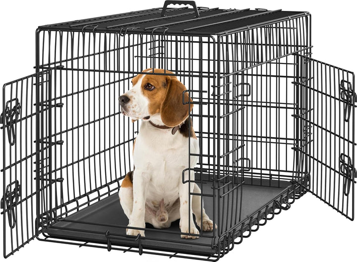 42 Inch Double Door Dog Crate W/Divider for Puppy to Adult XL Collapsible Metal Crate with Removable Tray Wire Dog Kennel for Large Dogs Portable Travel Cage, Black