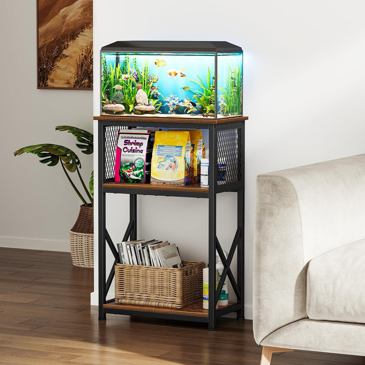 10 Gallon Aquarium Stand with Storage, 3 Tier Heavy Metal Fish Tank Stand Shelf 20.47" X 11.42" X 30.91", Rustic Brown