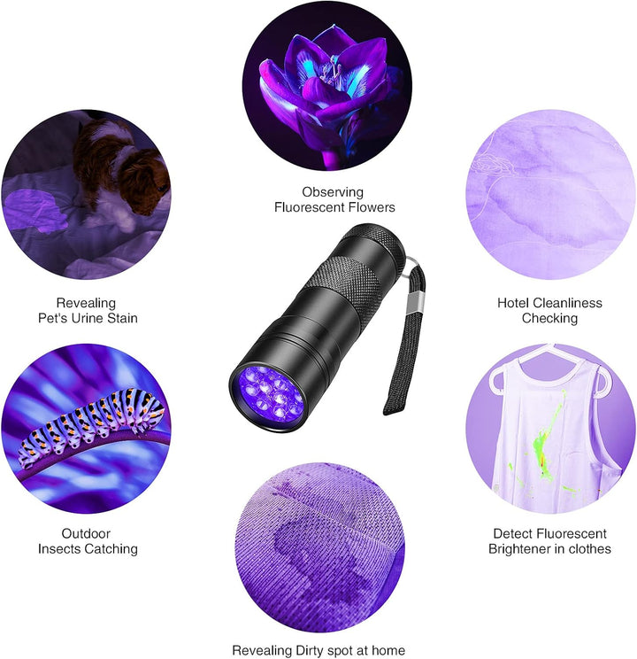 2 Pack UV Flashlight, 12 LED Handheld Blacklight Flashlight 395Nm Mini Light Torch Detector for Dog Pet Urine Stains, Bed Bugs and Scorpions. (Batteries Not Included)