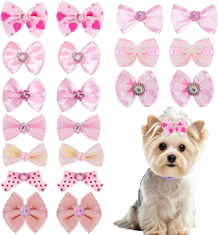 20 PCS Cute Dog Hair Bows with Rubber Bands Elastic Handmade Mix Style Lace Rhinestone Pearls for Furry Puppy Cat Pet Girl, Pink