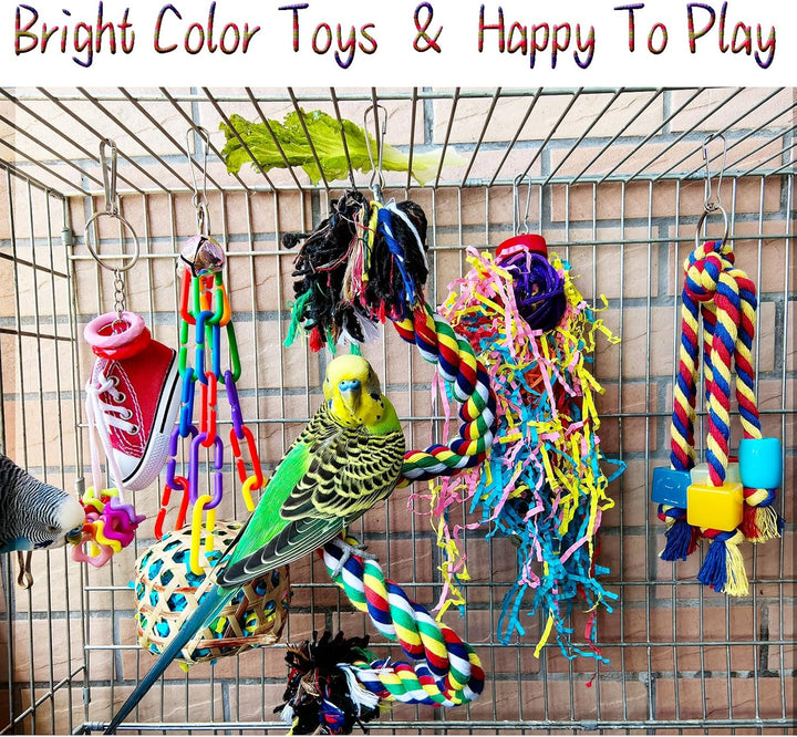 Bird Toys for Parakeet， Parrot Conure Chewing Shredding Foraging Toys with Rope Perch, Bird Cage Accessories for Cockatiel Budgies Lovebird