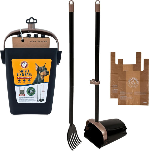 Dog Pooper Scooper Swivel Bin & Rake, Poop Scoop for Dogs, Black (2 Heavy Duty Scented Waste Bags Included)