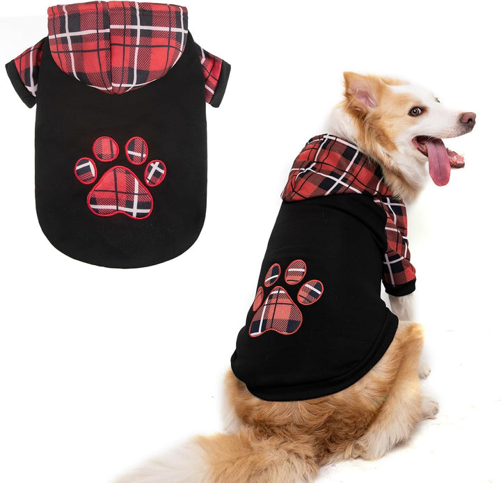 Plaid Dog Hoodie Pet Clothes Sweater with Hat and Pocket for Small Medium Large Size Dogs, Soft Winter Warm Dog Cold Weather Coat, Fleece Fall Dog Hooded Sweatshirt for Puppy Cats, Red XL