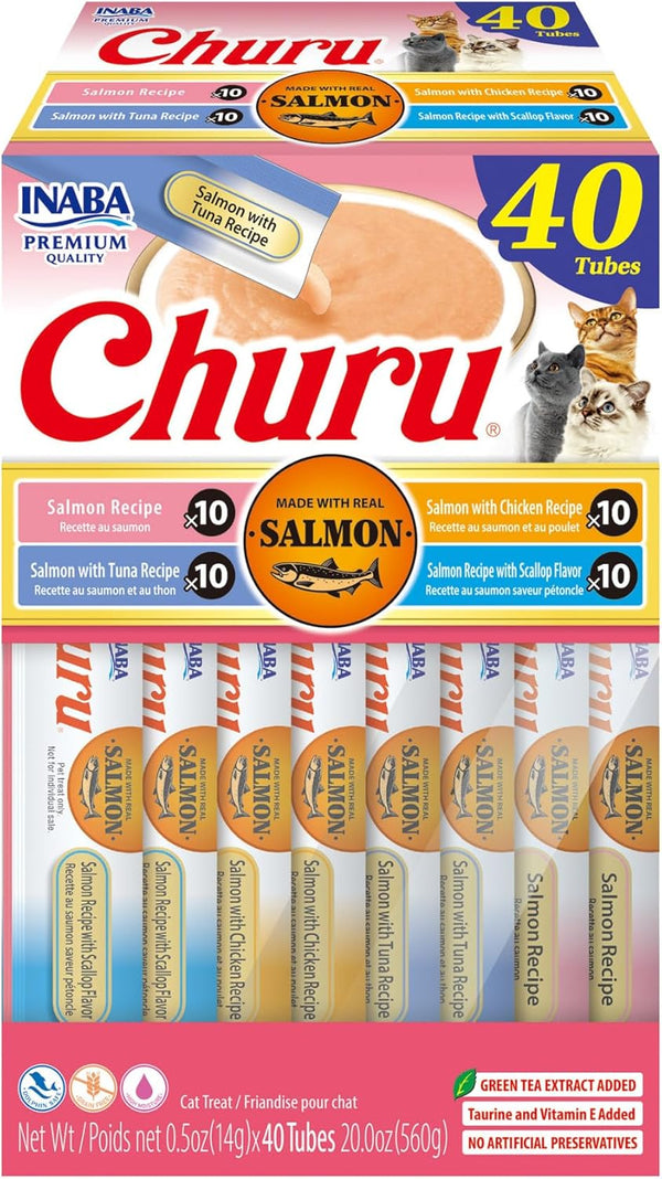 Salmon Churu Cat Treats, Lickable, Squeezable Creamy Purée Cat Treat with Green Tea Extract & Taurine, 0.5 Ounces Each Tube, 40 Tubes, Salmon Variety Box