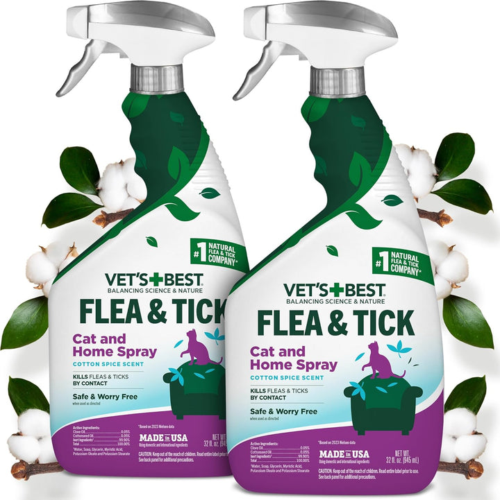 Vet’S Best Flea & Tick Home Spray for Cats – Plant-Based Flea and Tick Treatment with Cotton Spice Scent – Gentle Flea Mist for Indoor Use – Made in USA Natural Cat Flea Control – 32 Oz