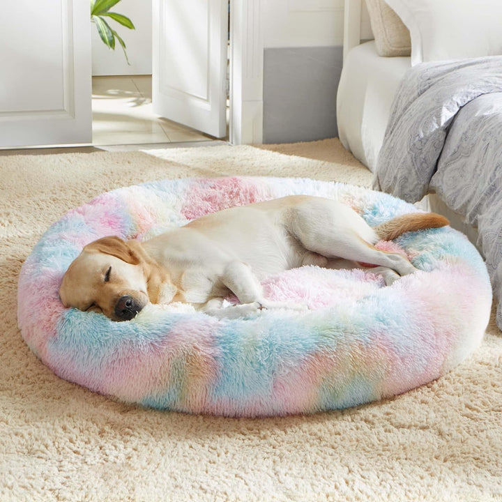 Calming Soft round Dog & Cat Bed, Anti-Anxiety Donut Cuddler Warming Cozy Fluffy Faux Fur Plush Cushion Bed for Small Medium Dogs and Cats (20"/24"/27"/30"), Light Grey