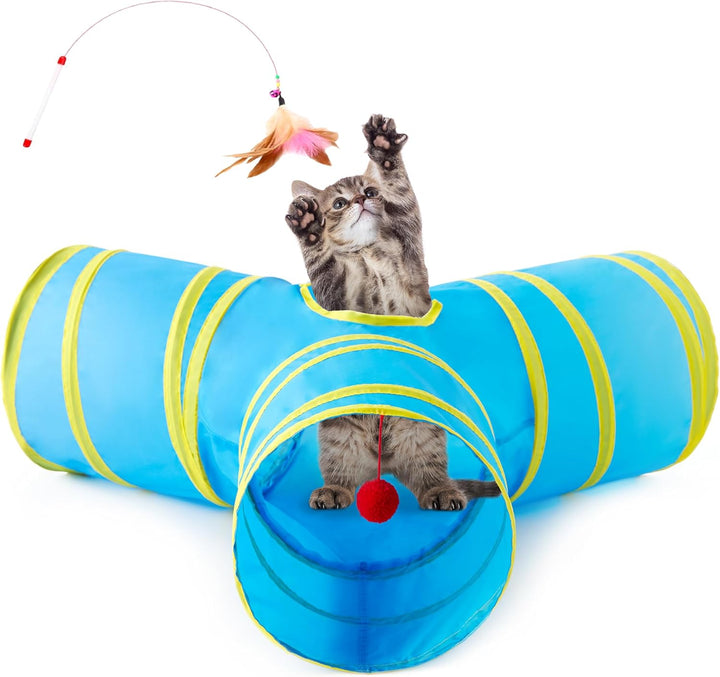 Cat Tunnel Tube Toys 3 Way Collapsible, Cat Tunnels for Indoor Cats，Kitten Tunnel Bored Pet Play Tunnel with Peek Hole Toy Ball for Kitty, Kitten, Rabbit, Puppy Blue