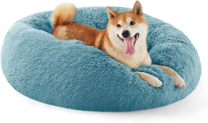 Calming Dog Bed Medium Size Dog - Donut Washable Medium Pet Bed, 30 Inches Anti-Slip round Fluffy Plush Faux Fur Cat Bed, Fits up to 45 Lbs Pets, Camel