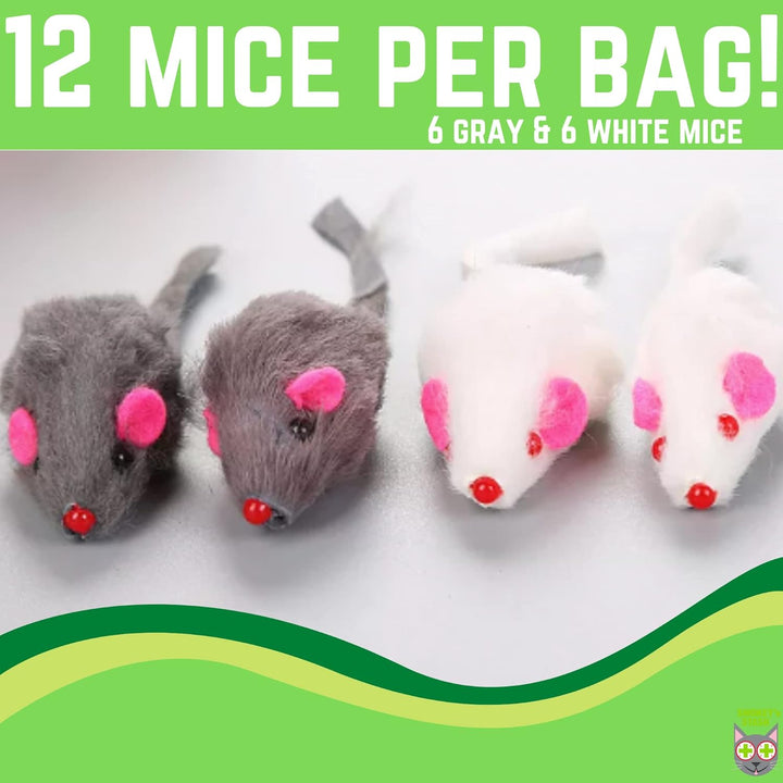 Rabbit Fur Mouse Cat Toy 12 per Pack White and Gray Fuzzy Toys for Cats with Rattle Realistic Fake Mice (12)