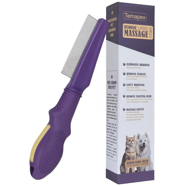 Pet Flea Comb for Dogs & Cats,Removes Tangles & Flea, Tear Stain Removal, Stainless Steel Metal Teeth, Non-Slip & Anti-Static Rubber Handle, Safe & Gentle Pet Grooming Comb