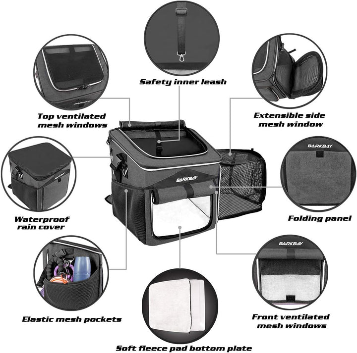 Dog Bike Basket Carrier, Expandable Foldable Soft-Sided Dog Carrier, 2 Open Doors, 5 Reflective Tapes, Pet Travel Bag,Dog Backpack Carrier Safe and Easy for Small Medium Cats and Dogs(Black)