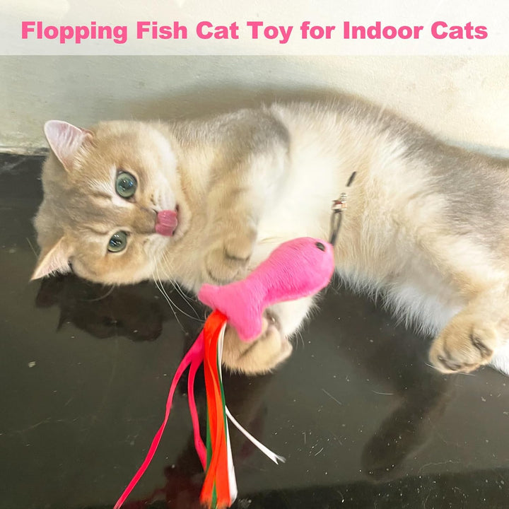 Cat Toys Pink Fish, 5PCS Catnip Toys for Cats, Flopping Cat Fish Toy Filled Soft Plush, Cat Feather Wand Accessories with Ribbons, Interactive Cat Toys for Indoor Cats Kitten Play Exercise Chew