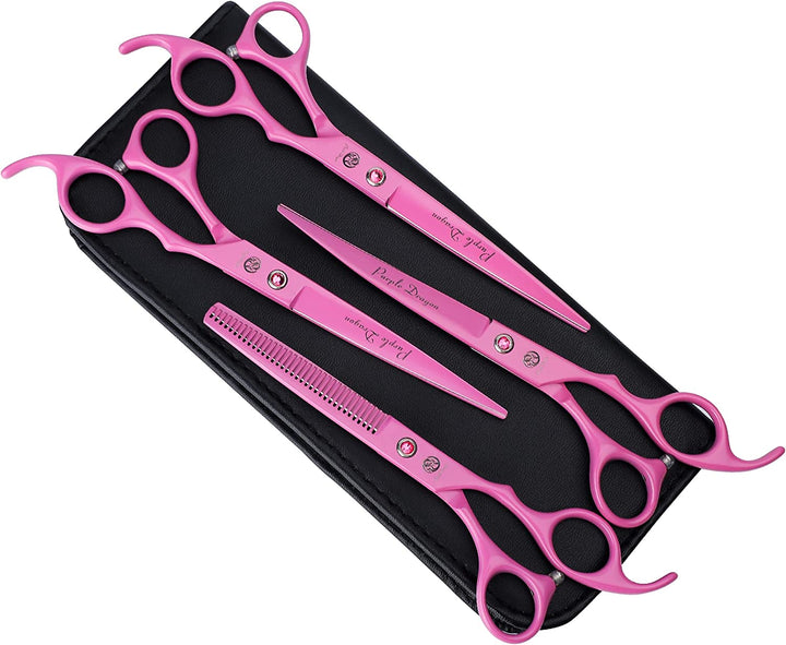 Professional 7.0 Inch 4PCS Pet Grooming Scissors Kit Japan Premium Steel Straight & Curved & Thinning Blade Dog Hair Cutting Shears Set with Case