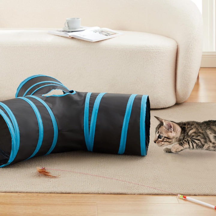Cat Tunnel Tube Toys 3 Way Collapsible, Cat Tunnels for Indoor Cats，Kitten Tunnel Bored Pet Play Tunnel with Peek Hole Toy Ball for Kitty, Kitten, Rabbit, Puppy Blue