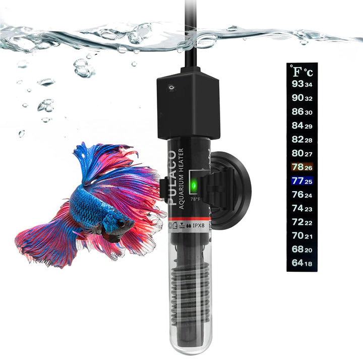 25W Small Aquarium Submersible Betta Heater with Free Thermometer Strip, under 6 Gallon Fish Tanks (Preset Temperature 78℉)