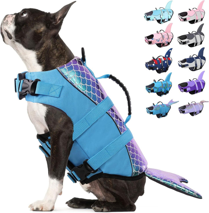 Dog Life Jacket - Shark Life Vest for Swimming Boating - Reflective Lifejacket Swimsuit for Small Medium Large Dogs - High Buoyancy Lifesaver Preserver with Rescue Handle, Grey Shark M