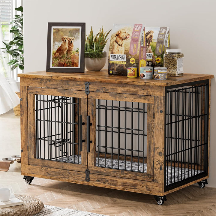 Dog Crate Furniture for Medium Dogs, 32'' Dog Kennel Indoor with Cushion & Wheels Wooden Dog Cage Double Doors Dog Crate End Table, Grey