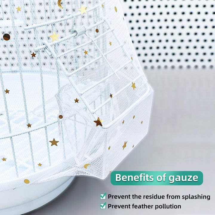 Bird Cage Seed Catcher, Seed Catcher Guard Net Cover, Parrot Nylon Mesh Net Cover, Universal Soft Airy Cage Net Stretchy Skirt for round Square Cages (Star-White, 15.7" X87")