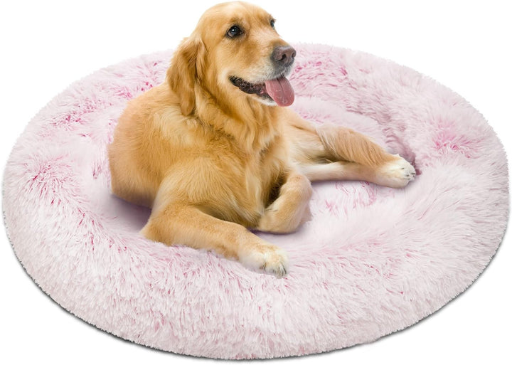 Donut Dog Bed Faux Fur Fluffy Calming Sofa for Medium Dogs, Soft & Plush anti Anxiety Pet Couch for Dogs, Machine Washable Coco Pet Bed with Non-Slip Bottom, 30"X30"X7" Ivory
