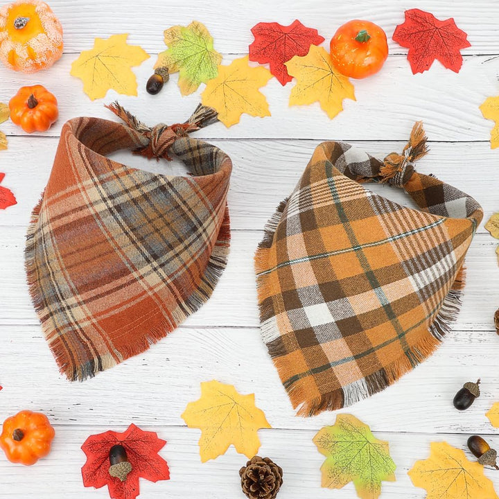 Halloween Dog Bandana, 2 Pack Fall Thanksgiving Classic Plaid Dog Scarf with Tassels Edges, Funny Pet Apparel & Accessories Costume for Photo Prop, and Party Decor (Large, Yellow&Orange)
