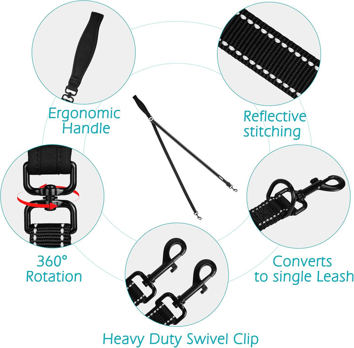 Two Point Control Dog Leash, Works with No Pull Harnesses, No Tangle Training Leashes, Soft Padded and Reflective Walking Lead, Converts to Single Lead for Medium Large Dogs (Black)