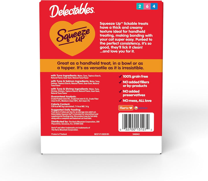 Delectables Squeeze up Seafood Variety Pack, Creamy Squeezable Puree, Lickable Wet Cat Treats, Grain Free, No Added Fillers, No By-Products, No Added Preservatives, 0.5 Ounces Tube, 54 Tubes Total