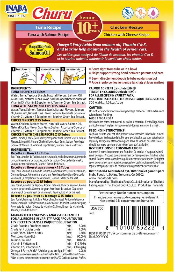 Churu for Senior 10+, Creamy Lickable Cat Treats with Taurine, Vitamin E & C, 0.5 Ounces Each, 60 Tubes, Tuna & Chicken Variety