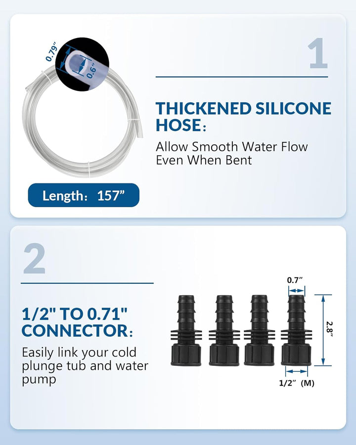 Ice Bath Accessories Kit, Cold Plunge Kit with 317GPH External Pump, Filter, 1/2” to 0.71" Connector, Hose, Compatible 500L 300L Aquarium Chiller & Inflatable Cold Plunge Tub