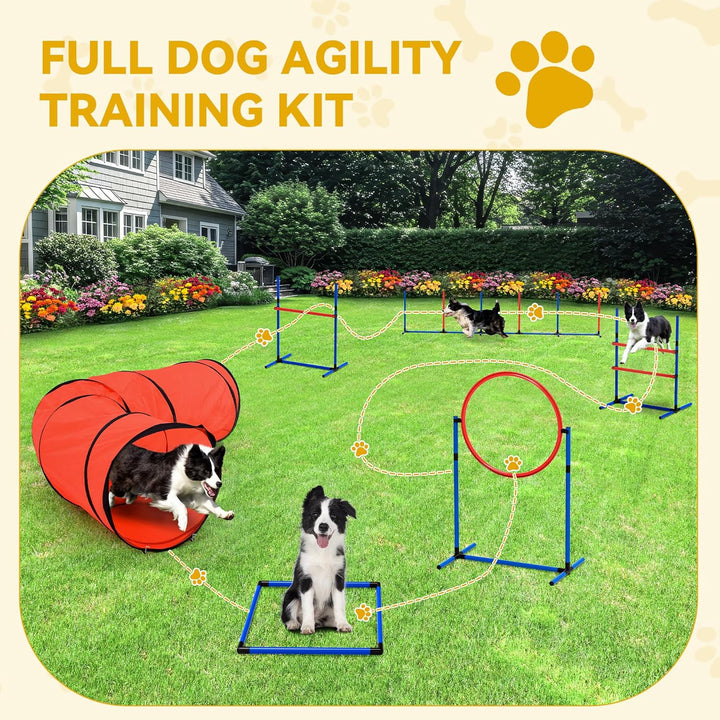 Dog Agility Accessories Kit: Comprises of a Teaser Pole, 2 Hurdles, 3 Flying Discs, 6 Weaving Poles, Agility Tunnel, Pause Box, Full Set of Agility Equipment for Backyard Indoors Outdoors