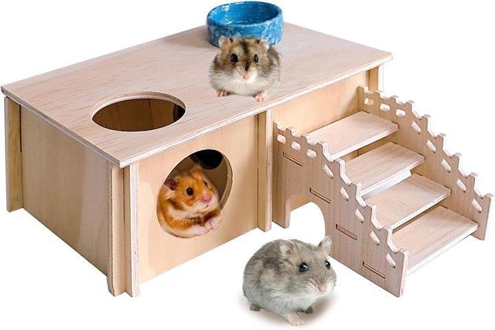 Wooden Hamster Hideout Hamster Wood House with Ladder Hides Platform Decor Detachable Small Animals Cage Accessories for Rat Gerbils and Other Small Pets