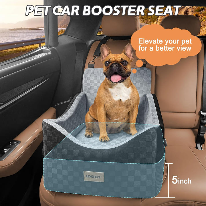 Elevated Dog Car Seat for Small/Medium Dogs up to 35 Lbs, Memory Foam Pet Booster Seat with Detachable Washable Cover, Portable Travel-Safe Bed for Cars with Safety Belts and Storage Pockets