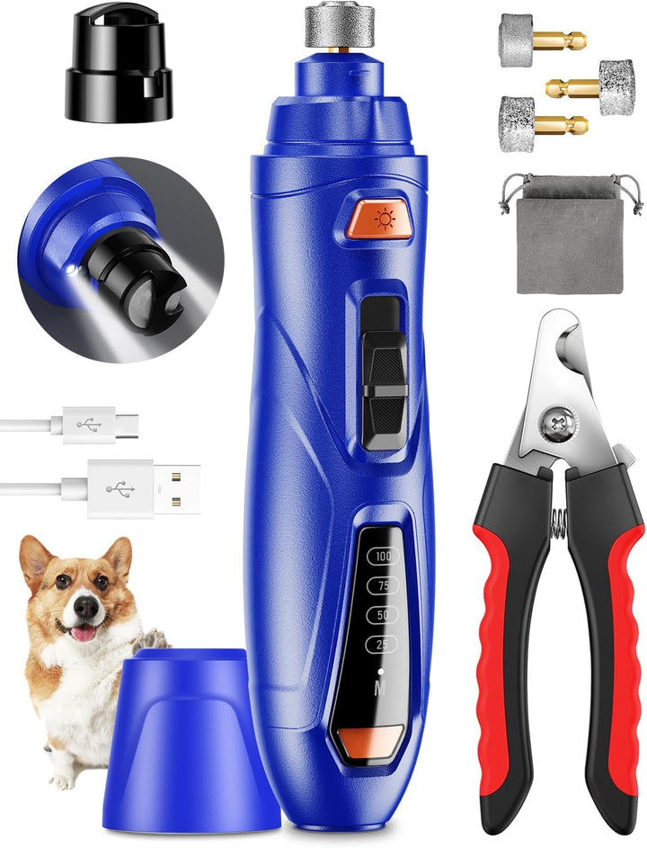 Dog Nail Grinder & Clipper 2-In-1 Set - 25Db Ultra Quiet with 3 Grinding Wheels & 2 LED Lights, Rechargeable for Large/Puppy Dogs & Cats, 3-Speed Adjustable for Anxious Pets