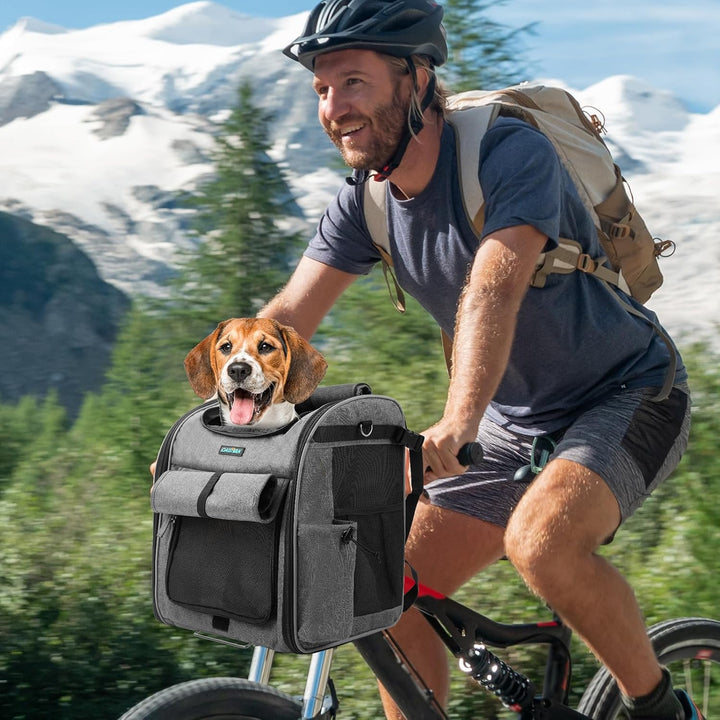 Foldable Front Bike Basket for Dogs, 4-In-1 Pet Carrier Backpack/Shoulder Bag/Car Seat with Heavy-Duty L-Shaped Mount Φ2.17 Inch, Waterproof Cushion & Reflective Strips, Supports up to 22Lbs
