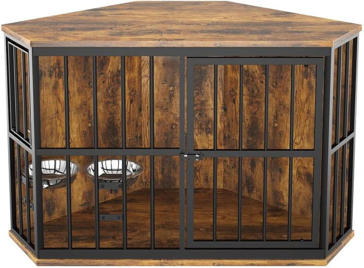 Furniture Style Large Dog Crate with 360° & Adjustable Raised Feeder for Dogs 2 Stainless Steel Bowls -End Table House Pad, Indoor Use,41" L X 24" W 36" H, Classic Brown