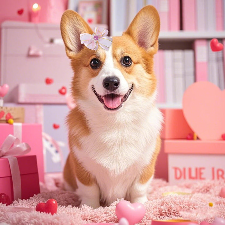 20 PCS Cute Dog Hair Bows with Rubber Bands Elastic Handmade Mix Style Lace Rhinestone Pearls for Furry Puppy Cat Pet Girl, Pink