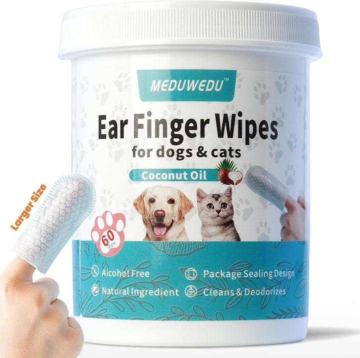 Ear Cleaner Finger Wipes 60 Counts, Dog Ear Cleaner, Grooming Kit Care for Dogs and Cats, Soft & Easy Otic Cleaning Pads, Remove Wax, Dirt & Stop Smelly, Itchy, Non-Irritating, Coconut Scent