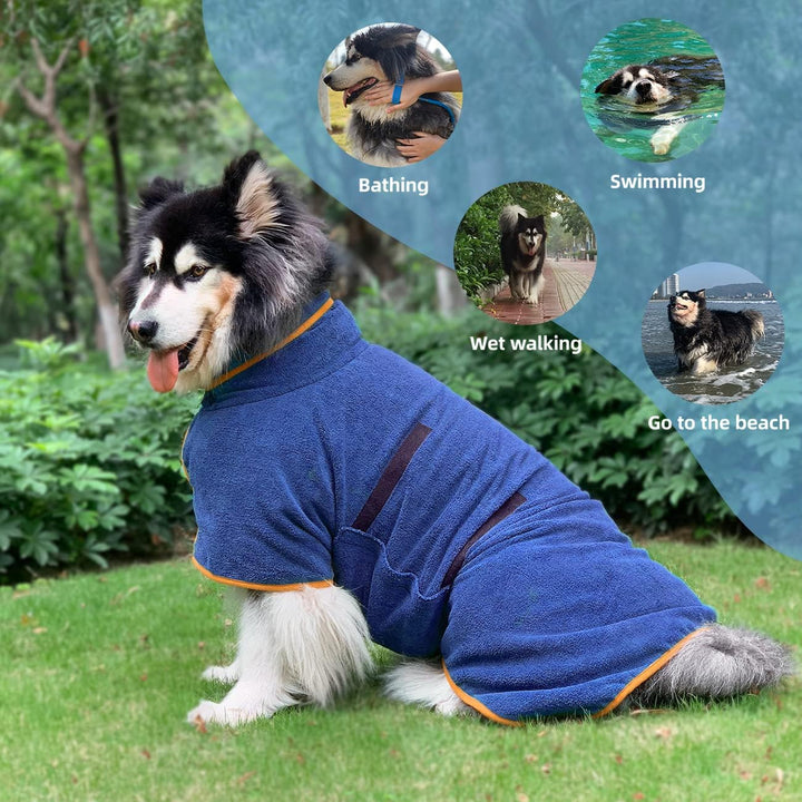 Dog Drying Coat Bathrobe Towel, Microfibre Material Fast Drying Super Absorbent Dog Bath Robe, Pet Quick Drying Moisture Absorbing with Adjustable Collar and Waist