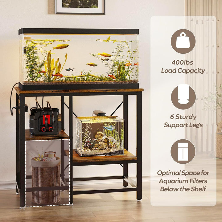 20-29-37 Gallon Fish Tank Stand with Power Outlet, 30X13 Metal Aquarium Stand with Filter Storage, 6-Leg Reptile Tank Stand with 3-Tier Adjustable Storage Shelves, 400LBS Capacity